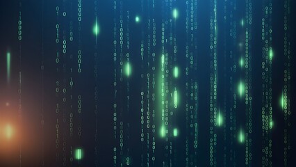Digital wallpaper featuring a binary code matrix with green and blue lights on a dark blue background, symbolizing cybersecurity