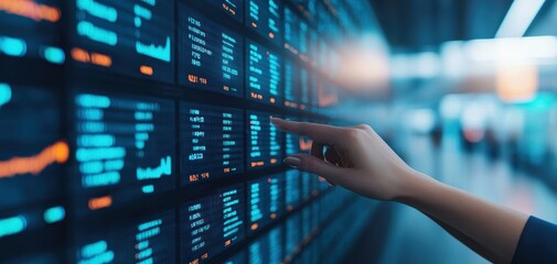 Aufkleber - Human Resources Analytics concept. A person interacts with a digital display showing data charts and metrics, suggesting analysis or monitoring of financial or technological information.