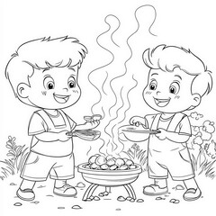 Canvas Print - A backyard barbecue with friends and games, coloring page for kids, simple outline illustration. Coloring book, simple lines.