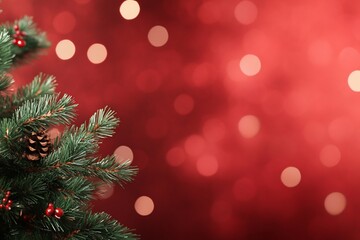 Wall Mural - A festive close-up of a Christmas tree with a blurred red background.