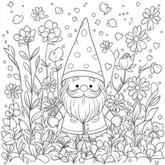 Canvas Print - A garden gnome surrounded by flowers, coloring page for kids, simple outline illustration. Coloring book, simple lines.