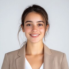 smiling young professional in a business suit with a neutral background