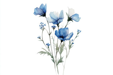 watercolor, simple line drawing, clipart of small blue wildflowers in the shape of an elegant long s