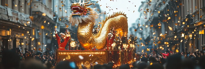 Wall Mural - A decorated float in a New Year parade showcasing a large golden dragon, surrounded by performers waving to the audience while marching along the city streets. Horizontal banner with copy space