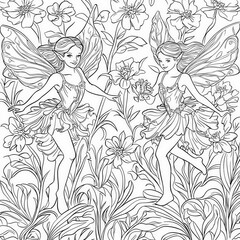 Canvas Print - A magical garden filled with fairies and flowers, coloring page for kids, simple outline illustration. Coloring book, simple lines.