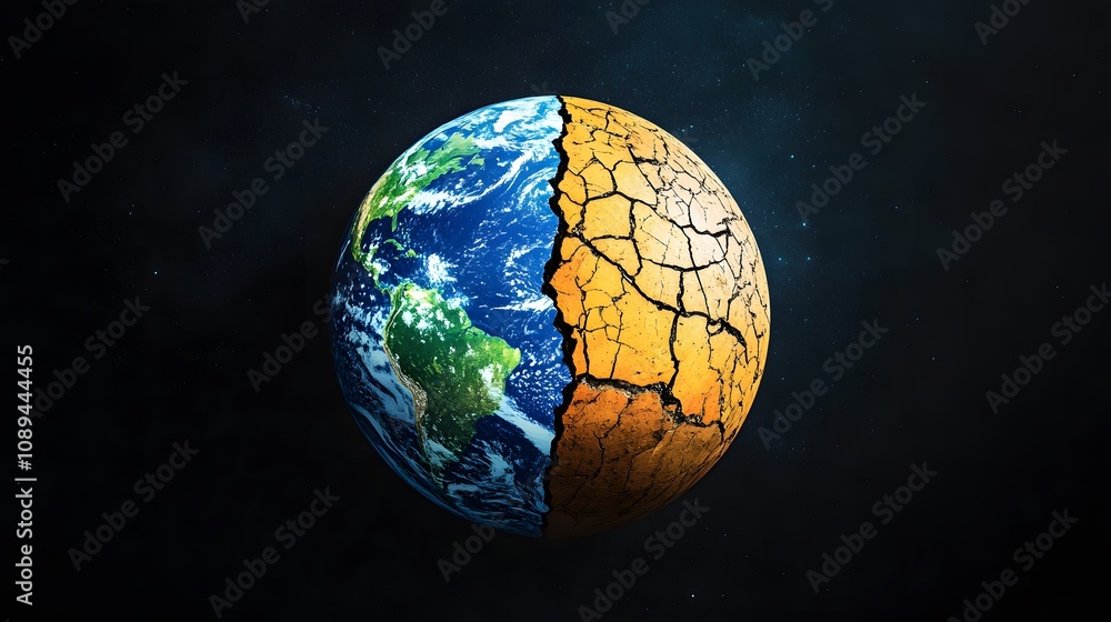 Visual Representing Earth Risks Split image of Earth: vibrant on one side, cracked on the other ...