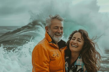 Wall Mural - Portrait of a joyful couple in their 50s wearing a trendy bomber jacket on crashing waves background