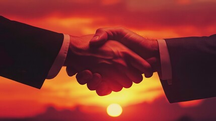 Poster - Two businessmen shaking hands with a sunset in the background, symbolizing a successful deal or agreement.