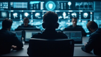 cybersecurity experts monitoring and defending against hacker intrusion attempts in a high tech comm