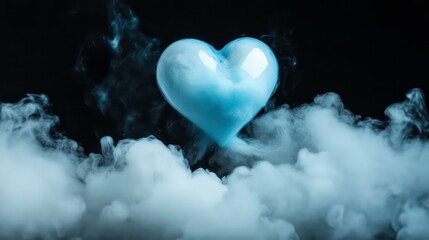 Poster - A blue heart shape in a cloud of dry ice smoke against a black background.