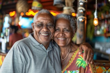 Wall Mural - Portrait of a happy multicultural couple in their 70s wearing a trendy bomber jacket over tropical beach bar background