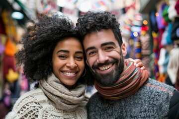 Sticker - Portrait of a cheerful multiethnic couple in their 30s dressed in a warm wool sweater in vibrant market street background