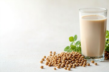 Glass of soy milk with beans and leaves on table