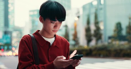 japanese, man and city with smartphone for message, connection and social network for traveler. road