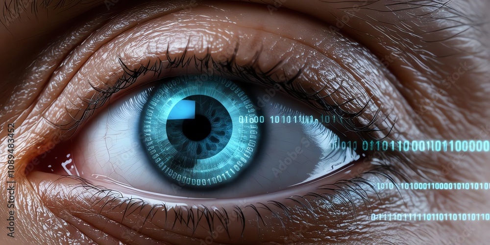 A human eye with a transparent display of data and digital codes ...