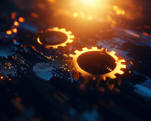 Wall Mural - a close up shot of two golden gears resting on a digital surface illuminated by warm ambient lightin