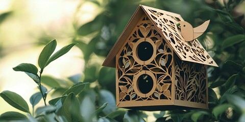 Wall Mural - Craftsmanship and creativity in paper art. A beautifully crafted wooden birdhouse hangs among green leaves, showcasing intricate designs and an inviting atmosphere for birds.