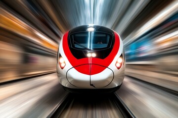 Poster -  a red and white high speed train speeding through a tunnel, with the background blurred to emphasize the speed of the train