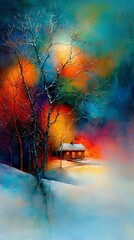 Poster -  a painting of a house in the snow at sunset, with trees in the foreground and a colorful sky in the background The painting is done in oil on canvas, giving it a u