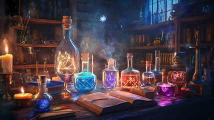 Wall Mural - Enchanting medieval alchemy lab with mystical glowing potions, ancient books, and vibrant magic elements under candlelight. Mystic Alchemy Symbols. Illustration