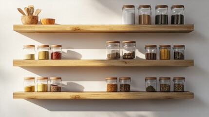 Wall Mural - Stylish wooden shelves displaying an organized collection of glass jars filled with various spices, herbs, and cooking essentials in a modern kitchen setting.