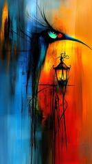 Poster -  a painting of a bird with a long beak perched atop a lamp post, illuminated by the light of the lamp The bird is surrounded by a vibrant array of colors, creating