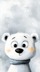 Poster -  a painting of a white polar bear with a blue scarf around its neck, set against a white and ash colored background