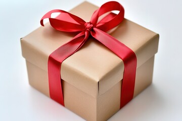 Craft paper gift box tied with red ribbon