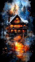 Poster -  a cabin in the woods at night, illuminated by the warm glow of the setting sun The cabin is surrounded by tall trees, and the sky is a deep, dark blue The water i