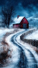 Sticker -  a red barn in the middle of a snowy field, surrounded by a fence and trees The sky is filled with stars and the ground is covered in a blanket of snow