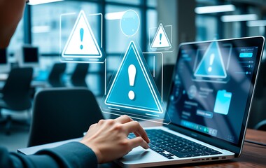 person typing on a laptop with holographic warning symbols on screen in an office environment, conce