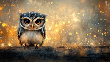 Poster -  an owl sitting on top of a wooden table, with a blurred background The owl is animated, giving it a lively and vibrant look