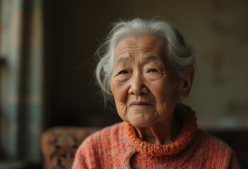 Portrait of an elderly Asian woman with white hair wearing a patterned orange sweater