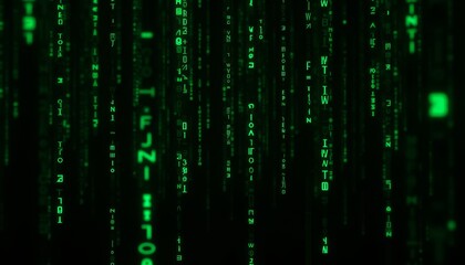 Matrix movie style background with flowing green code and symbols on dark backdrop