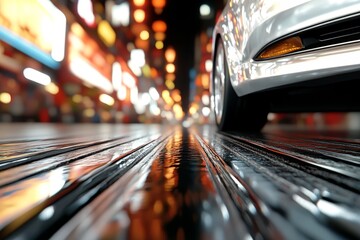 Poster -  a car driving down a city street at night, illuminated by the lights of the buildings in the background The car is in focus, while the background is slightly blurr