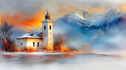 Sticker -  a painting of a church in the middle of a snowy field, surrounded by trees and mountains in the background The sky is painted in a variety of colors, creating a be