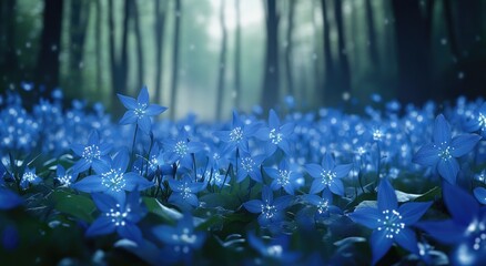 Wall Mural - A field of blue flowers in the forest, each flower is shaped like an adorable little star with white dots and green leaves at its base