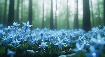 Wall Mural - A field of blue flowers in the forest, each flower is shaped like an adorable little star with white dots and green leaves at its base