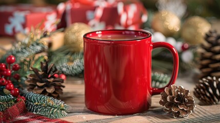 Wall Mural - A bright red coffee mug sits alone on a wooden table, ready for its next use