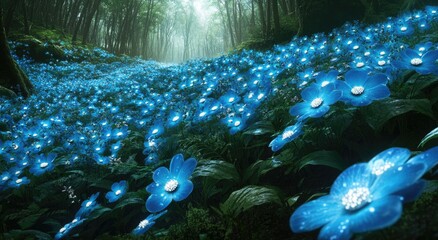 Wall Mural - A field of blue flowers in the forest, they have white petals and green leaves at their core