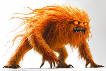 super furry monster with big sharp teeth on white background. 3d illustration