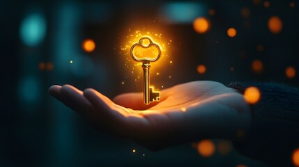 Aufkleber - Illuminated Key in Hand with Magical Glow, Symbolizing Unlocking Opportunities and Potential in a Mystical Fantasy World of Dreams and Aspirations