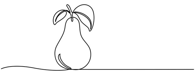 Pear drawing drawn with one continuous line, Pear in one line drawing art style. Vector illustration isolated on white background. One continuous line art fruit for logo, icon, poster, wall art etc. 