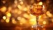 © ThuyTrang - A close-up shot of a crystal glass filled with golden liqueur, illuminated by soft golden light, casting a warm glow on a polished wooden surface, with a dark,