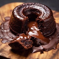 Wall Mural - Massive chocolate lava cake with molten core oozing, extreme wide shot, soft focus, low angle shot