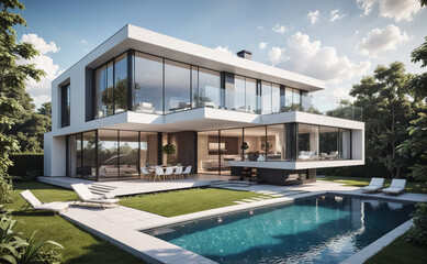 Poster - A large white house with a pool and a glass wall. The house is surrounded by trees and has a modern design