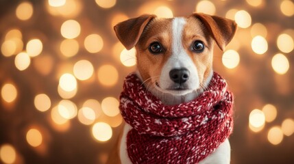 Poster - Adorable Dog Wearing Red Knit Scarf Festive Lights Background