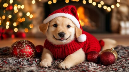 Poster - Adorable Golden Retriever Puppy In Christmas Outfit