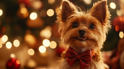 Poster - Festive Yorkshire Terrier Poses Near Christmas Tree Lights