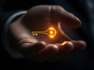 Poster - Digital Key Symbol Floating Above Open Hand Representing Security, Access, Innovation, and Modern Technology in a Business or Personal Context